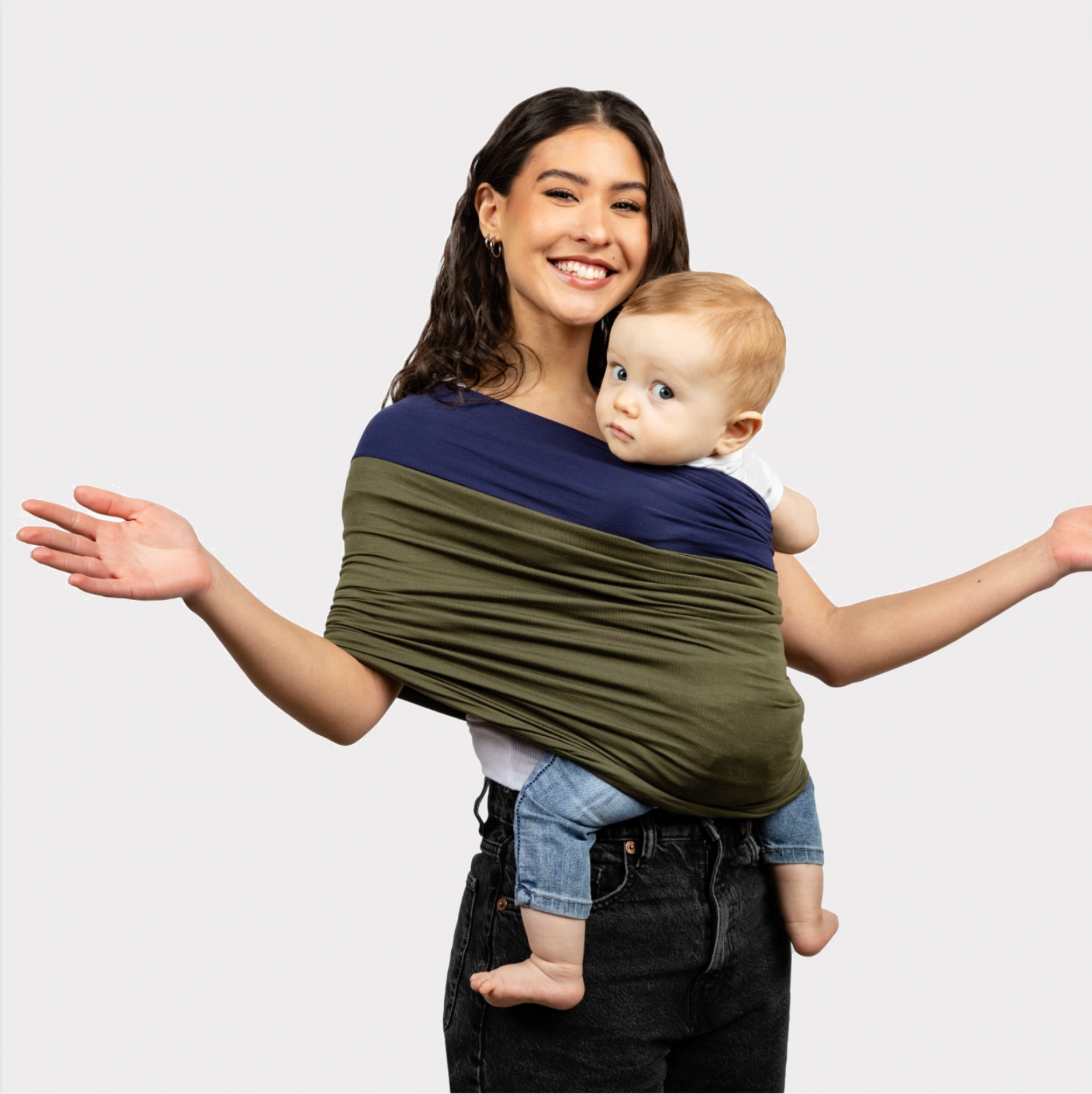KinCozy Colour-Block Bonding Comforter — parent carrying baby hands-free product photo