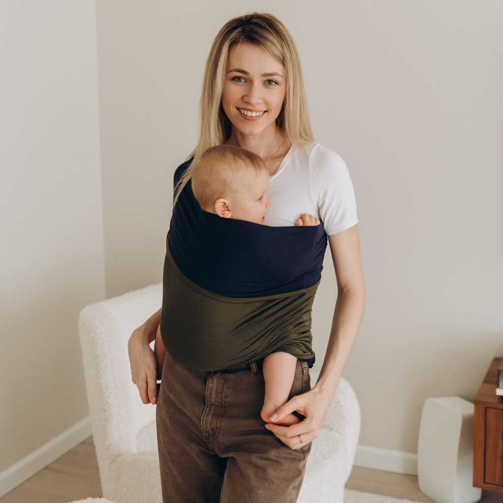 KinCozy Colour-Block Bonding Comforter — parent carrying baby hands-free product photo