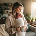 Mother with sleeping baby nestled in the KinCozy Bonding Comforter, hands free