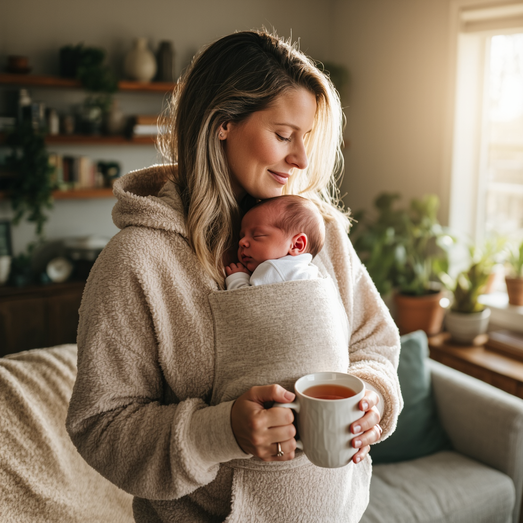 Mother with sleeping baby nestled in the KinCozy Bonding Comforter, hands free