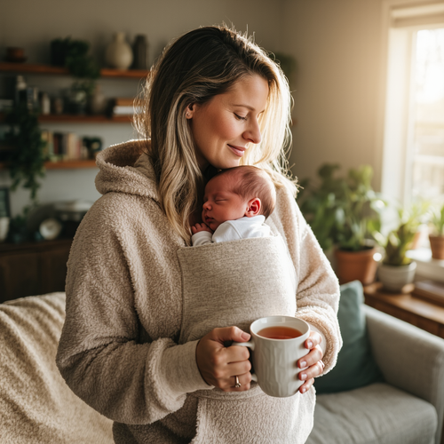 Mother with sleeping baby nestled in the KinCozy Bonding Comforter, hands free